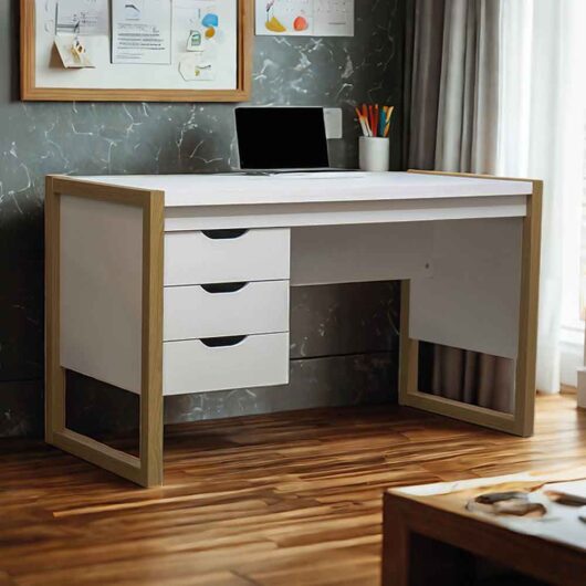 Odenton Wooden Laptop Desk With 3 Drawers - White And Oak