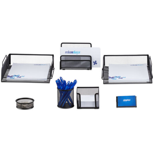 Relaxdays - 7-Piece Stationery Desk Organizer, Metal, Letter Rack, Note Box, Pen Holder, Black