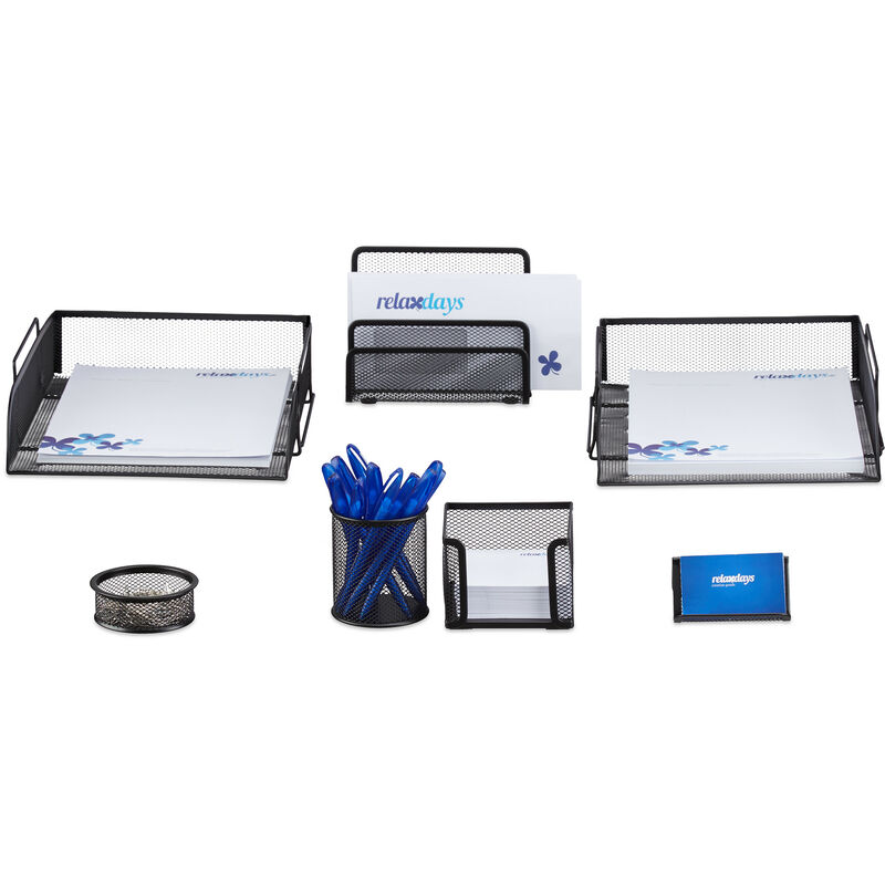 Relaxdays - 7-Piece Stationery Desk Organizer, Metal, Letter Rack, Note Box, Pen Holder, Black