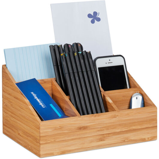 Relaxdays - Desk Organiser, 6 Compartments for Pens, Notes, Letters, Paperclips and More, Bamboo Stand, Natural