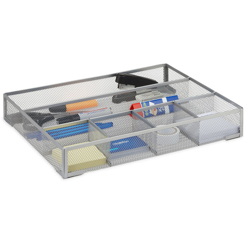 Relaxdays Desk Organiser, Non-Slip Drawer Insert with 6 Compartments, Metal Mesh, HWD: 6x38x30 cm, Silver