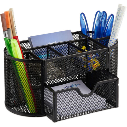 Relaxdays Desk Organiser, Stationery Tray with Pen Holder & Note Box, HWD: 10.5x22x11cm cm, Black