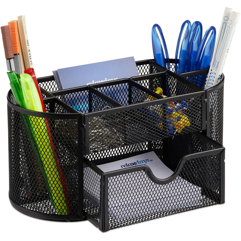 Relaxdays Desk Organiser, Stationery Tray with Pen Holder & Note Box, HWD: 10.5x22x11cm cm, Black