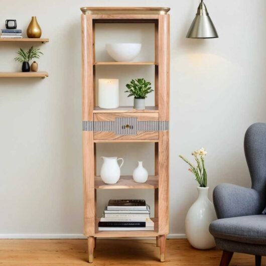Wayne Wooden Bookcase With 1 Drawer In Natural And Grey